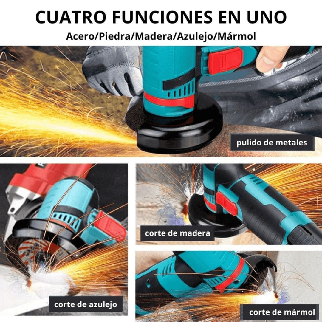 AMOLADORA ANGULAR ESMERIL CORTADOR - KIT COMPLETO CON 2 BATERÍAS DE REGALO